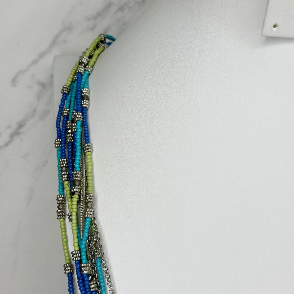 Chico's Multi Strand Seed Bead Necklace Blue Green Silver Tone Long ✨ - Picture 5 of 9